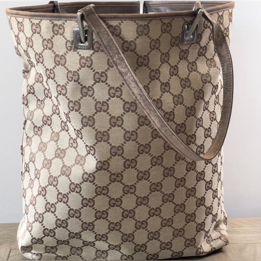 Vintage Gucci GG Signature Logo Brown Canvas Tote Silver Hardware